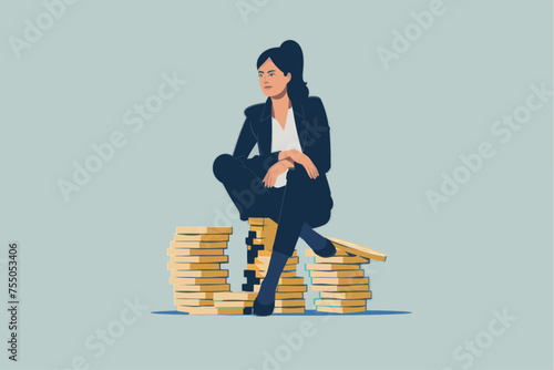 An illustration of a woman sitting on a pile of coins. Money and finance concept