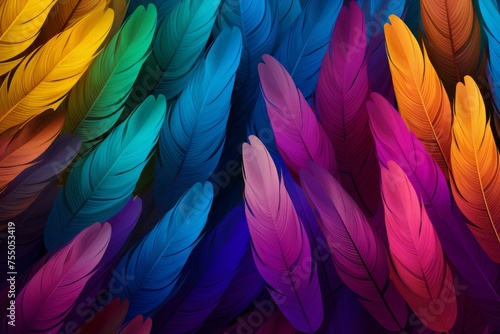 Exotic Rainbow feathers pattern. Nature wild. Generate Ai