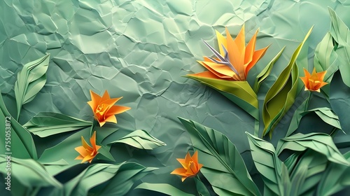 Origami flower of Paradise on Grungy Wall  To provide a unique and artistic wallpaper or decor option for those looking to add a touch of exotic flair