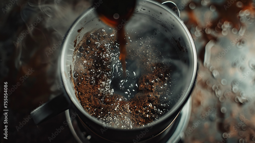 A stream of boiling water is poured over coffee grounds in a press pot, with steam highlighting the brewing process A stream of boiling water is poured over coffee grounds in a press pot, with steam highlighting the brewing process