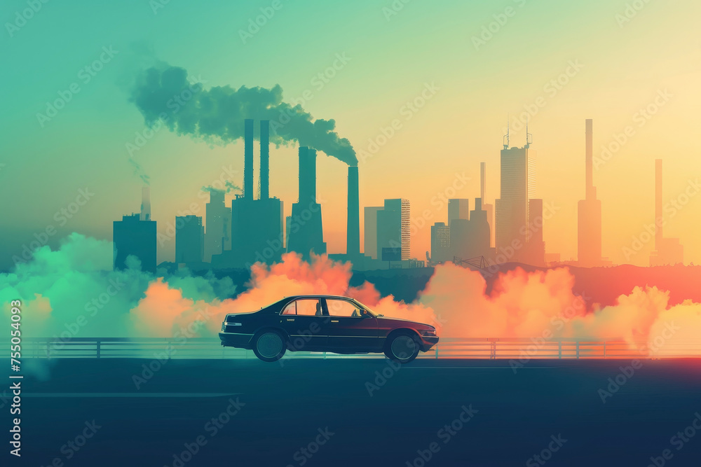 A car, running on fossil fuels, contributing to greenhouse gas