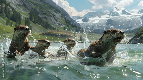 Playful otters frolicking