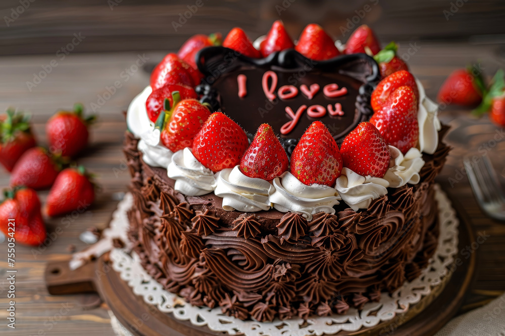 A chocolate cake decorated with strawberries and whipped cream and the words 