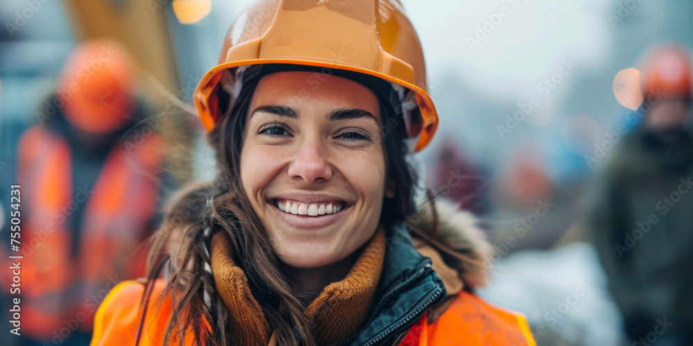 A woman is seen wearing a hard hat and safety vest, showcasing confidence in a construction setting. She is prepared for work and exhibits professionalism in her attire A woman is seen wearing a hard hat and safety vest, showcasing confidence in a construction setting. She is prepared for work and exhibits professionalism in her attire