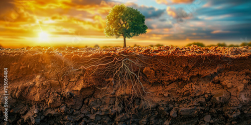 The image captures a tree with its roots firmly grounded in the soil, showcasing the depth and strength of its foundation.