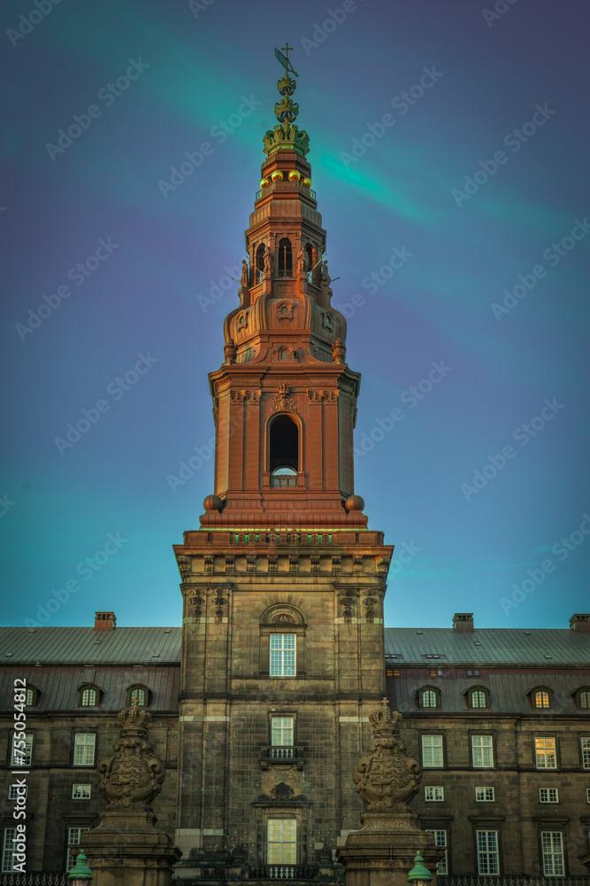 Christiansborg Palace, a palace and government building on the islet of Slotsholmen in central Copenhagen, Denmark