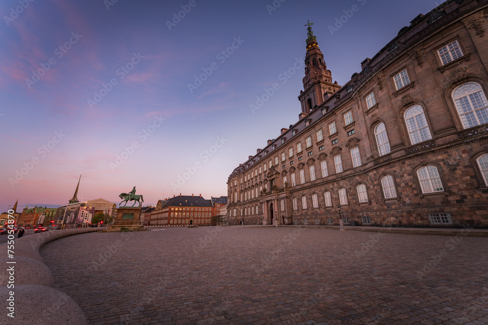 Christiansborg Palace, a palace and government building on the islet of Slotsholmen in central Copenhagen, Denmark