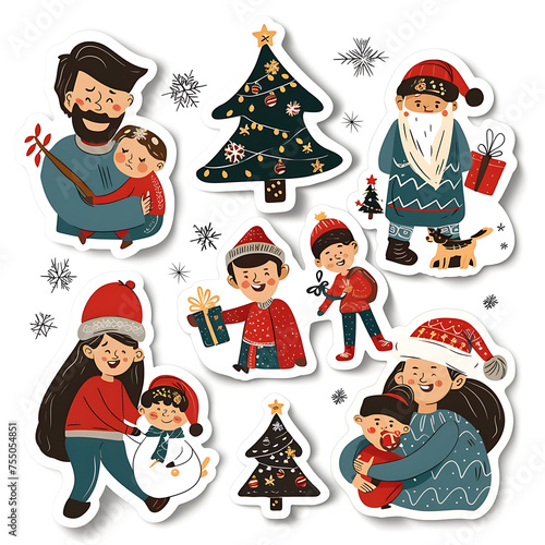 Set of various cute cartoon stickers for Christmas use on isolated white backgrounds.