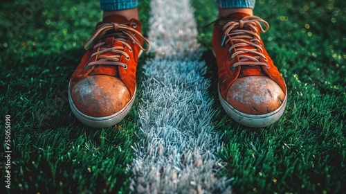 Soccer football background with white line on artificial turf soccer field with soccer ball and football shoes. photo
