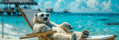 A polar bear is seen sitting in a chair on a sandy beach. The bear appears relaxed and comfortable in the unusual setting photo