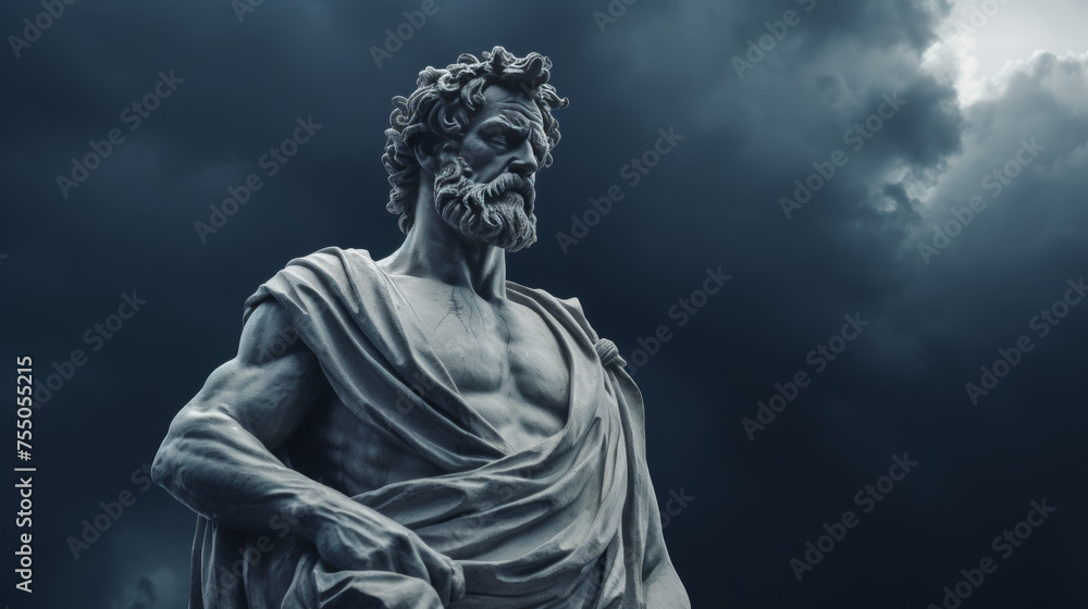 Majestic Ancient Greek Statue Against Ominous Clouds

