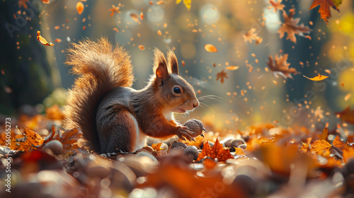 Playful squirrel collecting acorns in a vibrant