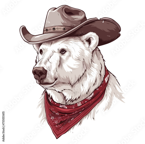 Polar bear Head wearing wearing cowboy hat and bandana around neck