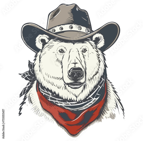 Polar bear Head wearing wearing cowboy hat and bandana around neck