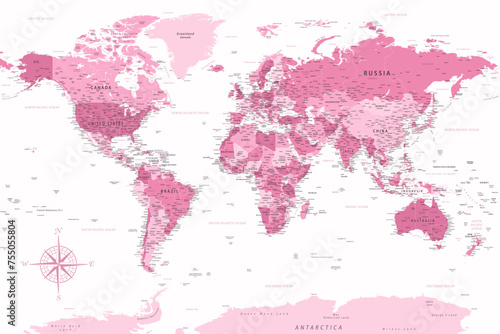 World Map - Highly Detailed Vector Map of the World. Ideally for the Print Posters. Pink White Colors