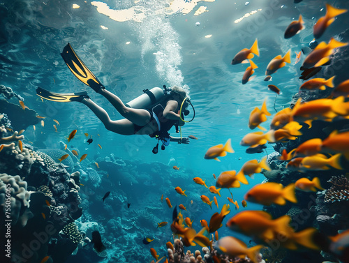 Scuba diving in the tropical ocean with coral reefs and fish