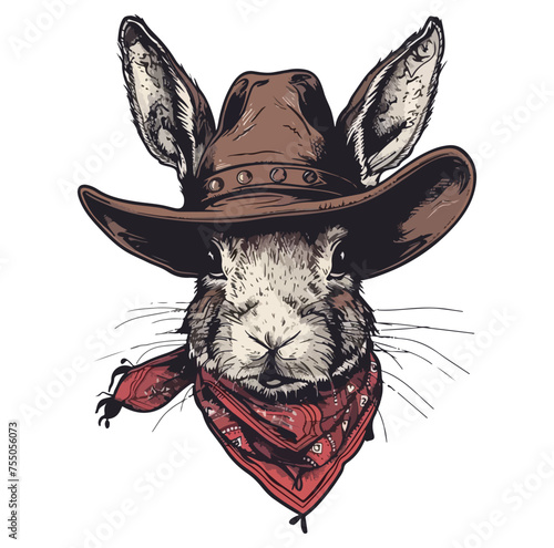 rabbit Head wearing wearing cowboy hat and bandana around neck