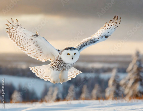 Snowy owl (Bubo scandiacus) in flight over a winter landscape.