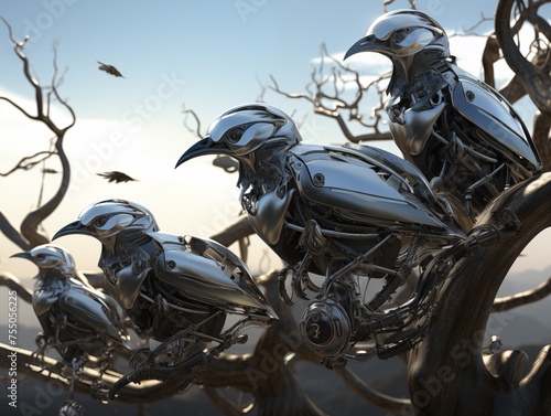 A group of cyborg birds perched on futuristic tree branches, their mechanical wings glinting as they watch over the sanctuary from above