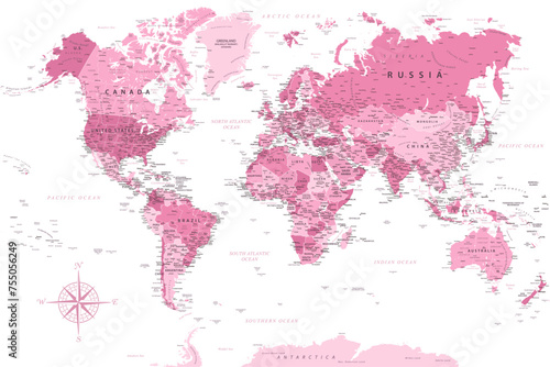 World Map - Highly Detailed Vector Map of the World. Ideally for the Print Posters. Pink White Colors