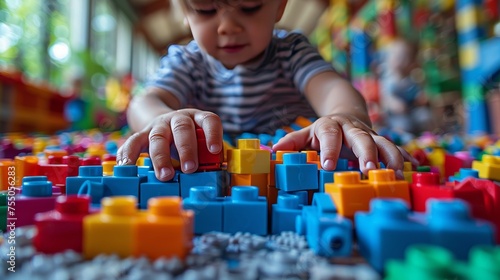 On white table, children play with colorful lego blocks in Vilnius, Lithuania, in April 2017. photo