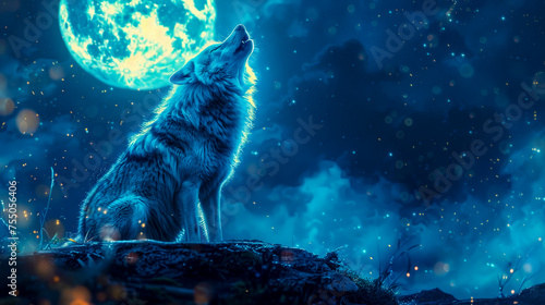 Lone Wolf Howling at the Full Moon. photo