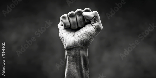 This black and white photo captures a powerful fist clenched tightly. The contrast between light and dark highlights the strength and determination conveyed by the clenched hand