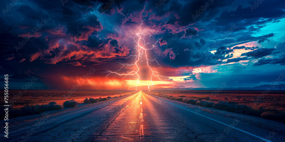 Dramatic Thunderstorm Over a Desert Highway.