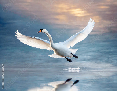 White mute swan (Cygnus olor) in flight over the ocean.