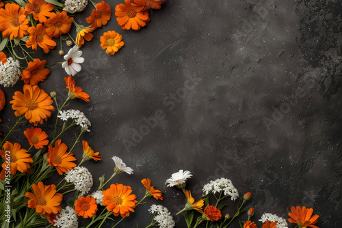 A composition of orange marigolds and white daisies, scattered on a black background.