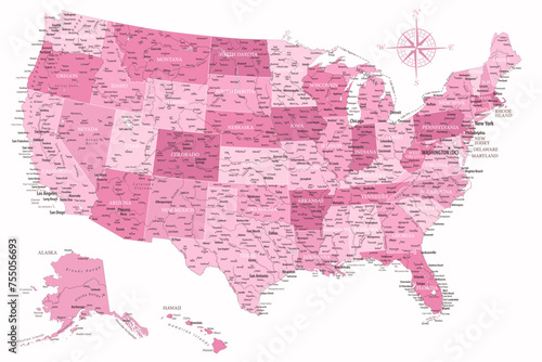 United States - Highly Detailed Vector Map of the USA. Ideally for the Print Posters. Pink Rose White Colors