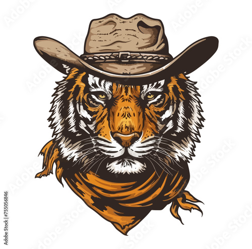 Tiger Head wearing wearing cowboy hat and bandana around neck