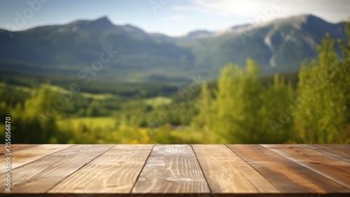 The empty wooden brown table top with blur background of Norway nature landscape. Exuberant image. generative AI