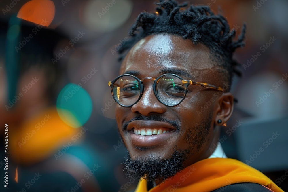 With a sense of achievement and pride, an African male graduate beams with happiness in his graduation portrait, celebrating his hard work and dedication in reaching this pivotal moment