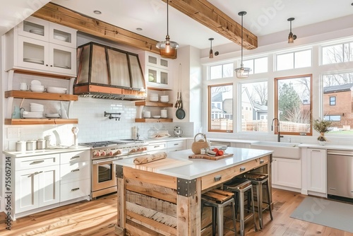 Bright and airy farmhouse kitchen with modern amenities White cabinetry And rustic wooden accents Offering a perfect blend of traditional charm and contemporary functionality