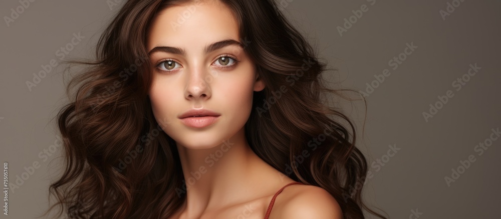 A woman with layered black hair is gazing at the camera, showcasing her beauty through her nose, jaw, and eyelashes. Her throat is exposed, highlighting her blond highlights in the event