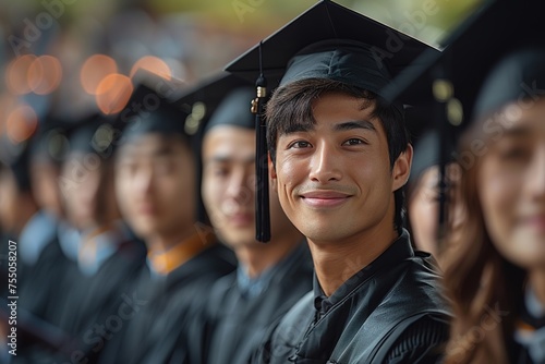 With a bright and confident smile, an Asian male graduate stands proudly in his graduation portrait, showcasing his academic success and the sense of accomplishment that comes with it