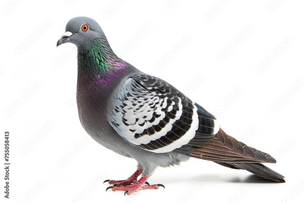 Fototapeta premium Isolated image of a pigeon against a white background Highlighting the beauty and simplicity of nature