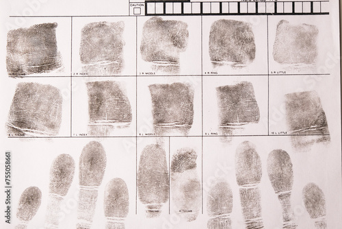 Close-up fingerprint card with fingerprints, forensic examination