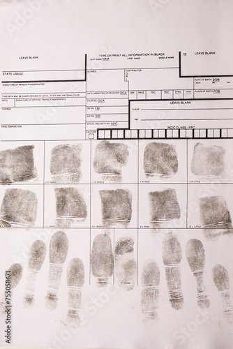 Close-up fingerprint card with fingerprints, forensic examination