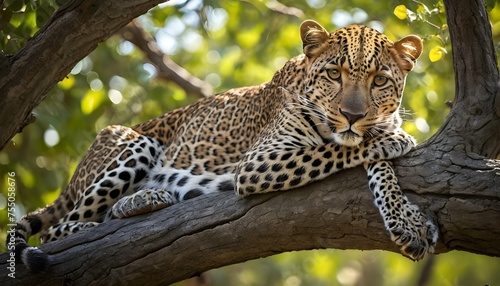 A Leopard Resting On A Tree Branch Camouflaged By