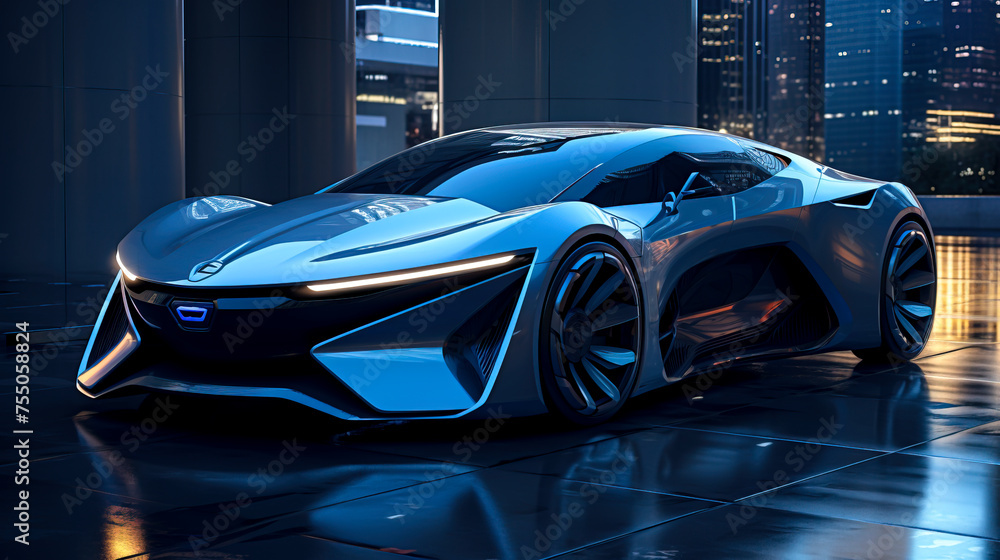 Neon Dreams: A Futuristic Electric Car Bathed in Blue Light, Realistic Photo Realism of a Modern Design Scene created with Generative AI technology