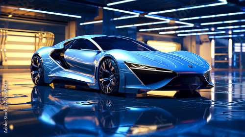 Neon Dreams: A Futuristic Electric Car in Blue Light - Photo Realism and Modern Design in a Futuristic Scene created with Generative AI technology © Fernando Cortés