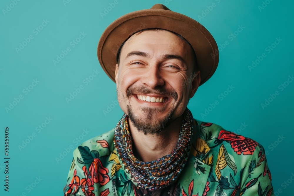 Portrait of an extraordinarily charming man with a beaming smile Vibrant fashion on a solid color background