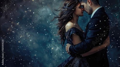 romantic couple hugging on a dark magical background photo