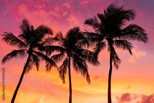 Silhouettes of palm trees against a fiery sunset sky Tropical beauty and warmth Vacation backdrop