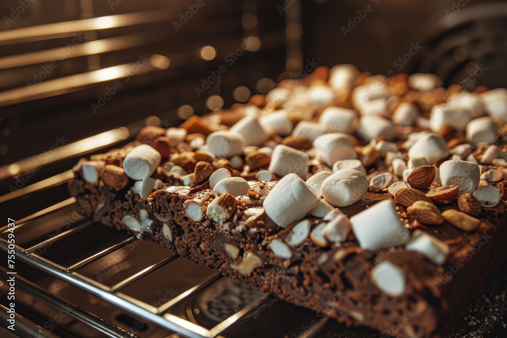 A brownie cooling in the oven with chocolate, nuts and marshmallows A brownie cooling in the oven with chocolate, nuts and marshmallows