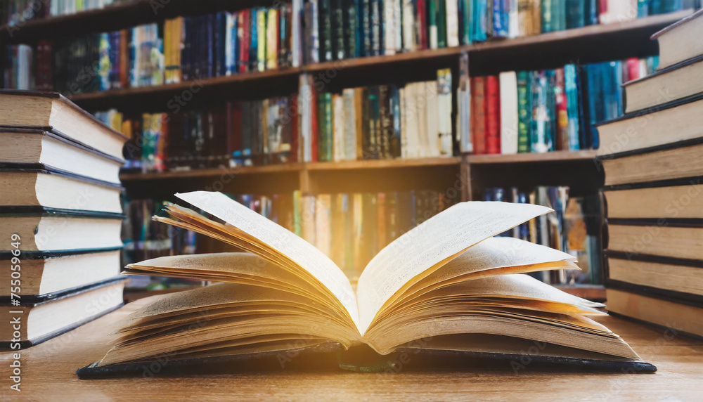 Open book on wooden table with blurred library background. Open book on wooden table with blurred library background.