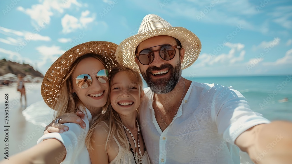 Family Vacation Beach Selfie, To showcase a happy family enjoying their summer vacation and capturing a memory together
