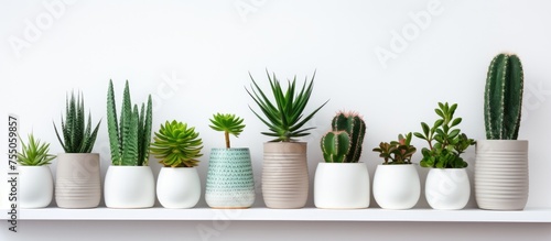 A white shelf displays various potted succulent plants indoors, creating a minimalist and green atmosphere.